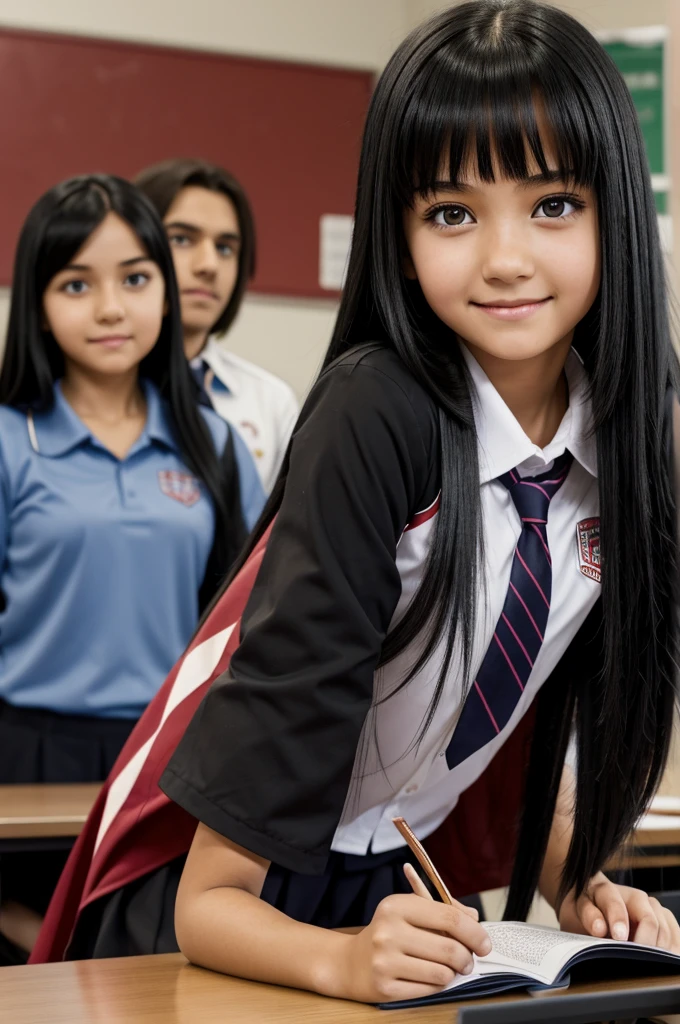 Wallpaper My hero acanemia Girl with long straight black hair, con flequillo
Ojos morados, He has a happy expression and a little serious, She is wearing the UA uniform and in the background she has a UA school class and she is sitting at a table.. anime