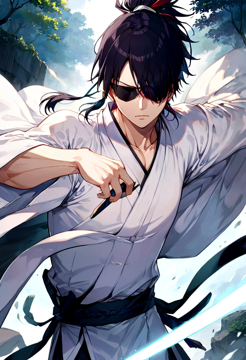 source_anime, 1boy, Zaraki Kenpachi, "BLEACH", solo, male focus, run, (weapon), outdoor, Battle Stance, serious, black hair, (long spiked hair), japanese clothes, open kimono, pectorals, wide sleeves, (covered eyes, eye patch), anime screenshot, anime screencap, anime coloring, dramatic composition, cinematic lighting, (masterpiece, best quality, Professional, perfect composition, very aesthetic, absurdres, ultra-detailed, intricate details:1.3)