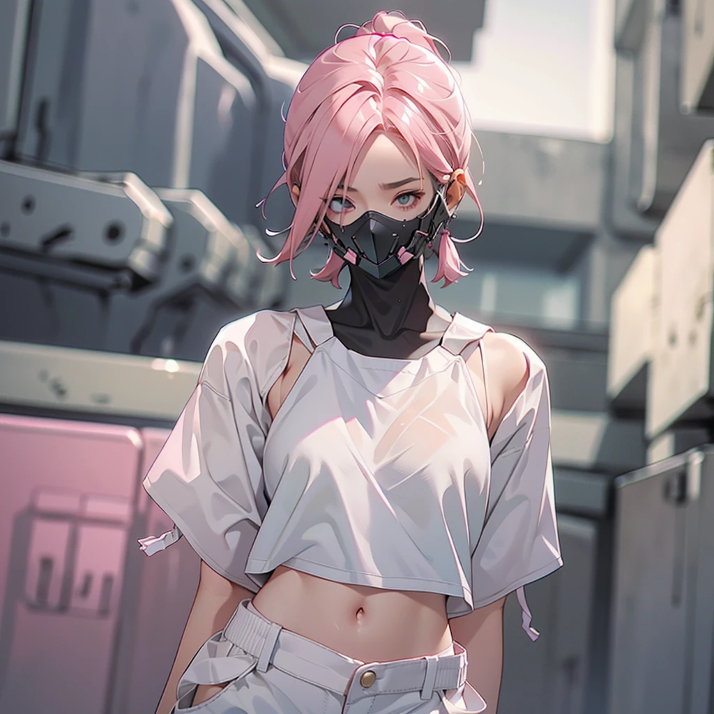 1girl, short pink hair, cyber helmet, covered face, sexy white tank top, white cargo pants, mouth mask, covered mouth, Blur background, 8K, Hi-Res