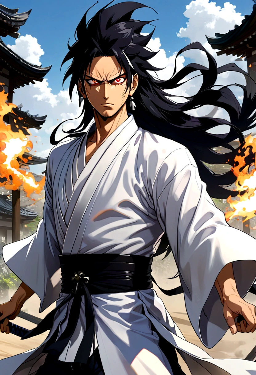 source_anime, 1boy, Zaraki Kenpachi, "BLEACH", solo, male focus, run, (weapon), outdoor, Battle Stance, serious, black hair, (long spiked hair), japanese clothes, open kimono, pectorals, wide sleeves, (covered eyes, eye patch), anime screenshot, anime screencap, anime coloring, dramatic composition, cinematic lighting, (masterpiece, best quality, Professional, perfect composition, very aesthetic, absurdres, ultra-detailed, intricate details:1.3)