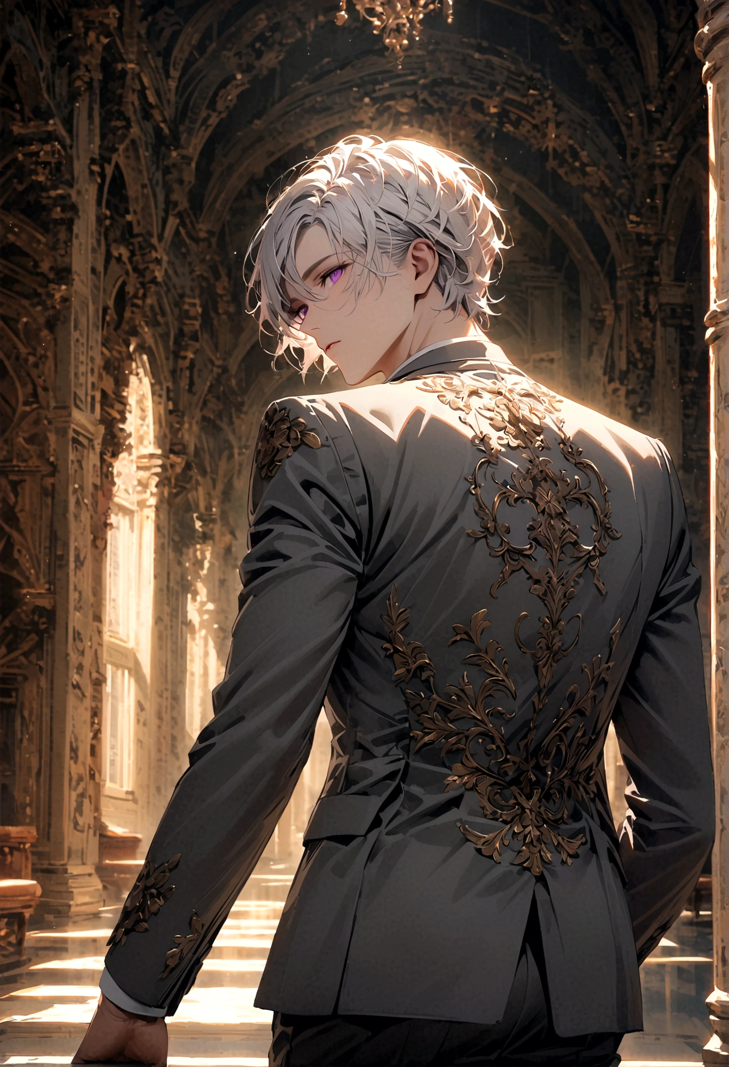 A man with white hair and purple eyes, in a gray suit, turned his back and half his face, standing alone in the middle of the palace.