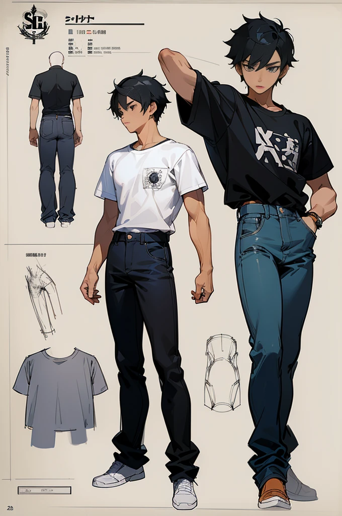 (character sheet:1.2),a 20 years old boy ,black hair, wearing a t-shirt and pant,line art ,,character sheet detailed, T-pose detailed ,anime studio Style, standard quality,3 different angles, highly detailed body parts.,simple background,
