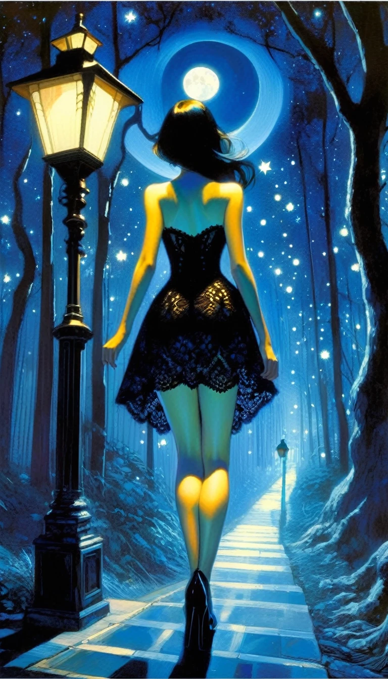 {blue and white theme, fantasy world}, 1 sexy girl, alone, alone, black lace dress, looking back, walking in the forest, house, tree, street lamp, moon, starry sky, bright, star\(symbol\ ), pixie, pixiv art, masterpiece, best quality, ultra detailed, whitetown (art inspired by Bill Sienkiewicz). oil painting)