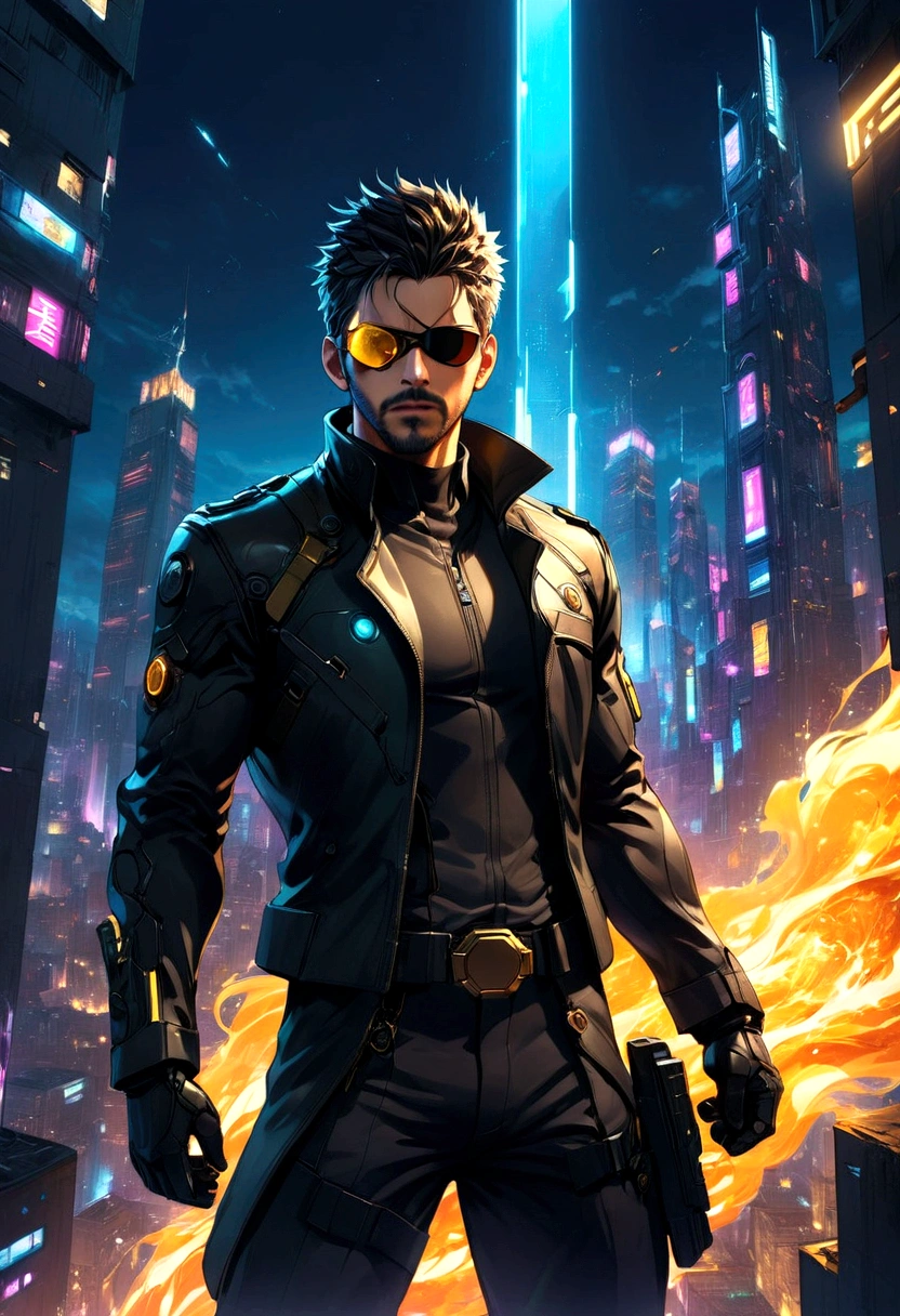 source_anime, 1boy, Adam Jensen, soldier, "Deus Ex", covered eyes, eye patch, weapon, jump, high building, solo, male focus, anime screenshot, source_anime, dramatic composition, cinematic dynamic action scene, vibrant colors, cinematic lighting, dramatic lighting, best quality, masterpiece, very aesthetic, perfect composition, intricate details, ultra-detailed