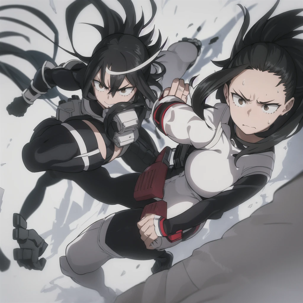 horikoshi kouhei, girl, attractive, jaqueline kirishima, covered shoulders, white hero bodysuit with black lines on her side, blurred black hair, battle background, boku no hero academia, chama kou, high resolution, looking at other side, strong focus, beautiful, fit girl, closed mouth, slanted light brown eyes, long hair, slightly disheveled hair, light sweat on forehead, white bodysuit with black boots, scene username, drying the sweat,
from English
