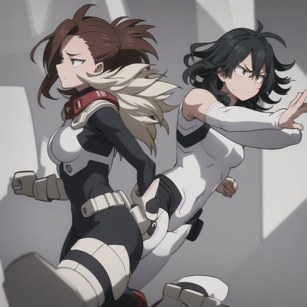 horikoshi kouhei, girl, attractive, jaqueline kirishima, covered shoulders, white hero bodysuit with black lines on her side, blurred black hair, battle background, boku no hero academia, chama kou, high resolution, looking at other side, strong focus, beautiful, fit girl, closed mouth, slanted light brown eyes, long hair, slightly disheveled hair, light sweat on forehead, white bodysuit with black boots, scene username, drying the sweat,
from English
