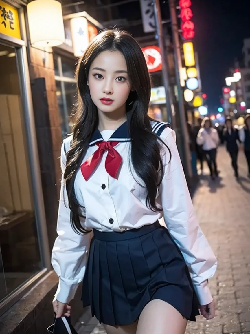 (NSFW:1.3),(masterpiece:1.4), (8k, Photoreal, RAW photo, best image quality:1.4),super realistic,high definition,Super detailed,(very delicate and beautiful),(highest quality:1.2),(super High resolution:1.2), (best focus:1.4),(finely:1.4),(from below:1.3), (full body shot),(at midnight:1.4) ,(Tokyo street,cityscape, neon lights:1.4),realistic, photo realistic, beautiful lighting,perfect lightning,professional light,bright strobe from front side,realistic shadow,blurred background, BREAK (17 years old girl ), (The anatomical composition of a person is complete), (detail makeup:1.2), beautiful hairstyle, Charm,highly detailed face and body,beautiful detailed eyes,hair blowing in the wind, (realistic skin),No expression, (skirt lift by yourself:1.4), blush, parted lips, looking at viewer,(standing in front of camera),(sailor uniform with long sleeve:1.4),(red tie:1.2),(navy blue skirt:1.1),(Wearing white socks with lots of pleats and black loafers), 