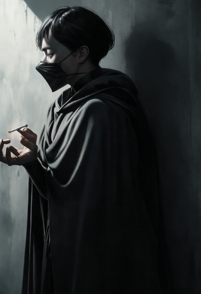 "A thin man with short black hair, wearing a long cape and mask, leaning against a wall, looking to the side, with a cigarette in his hand, minimalist character, 8k, high resolution, photorealistic, cinematic lighting, moody atmosphere, dramatic shadows, muted color palette."