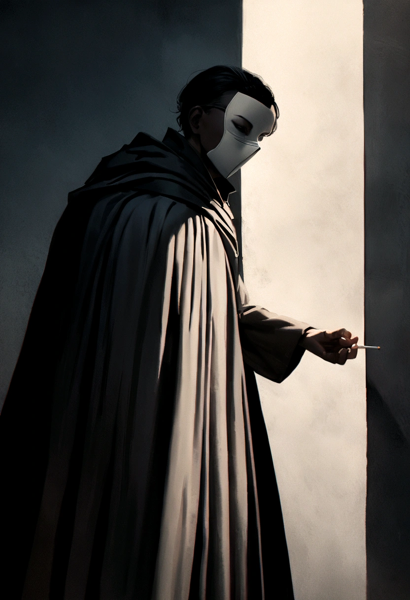 "A thin man with short black hair, wearing a long cape and mask, leaning against a wall, looking to the side, with a cigarette in his hand, minimalist character, 8k, high resolution, photorealistic, cinematic lighting, moody atmosphere, dramatic shadows, muted color palette."