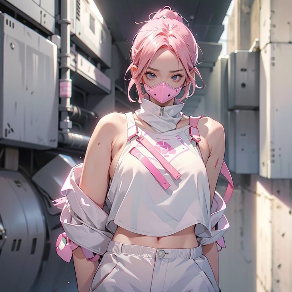 1girl, short pink hair, cyber helmet, covered face, y white tank top, white cargo pants, mouth mask, covered mouth, Blur background, 8K, Hi-Res