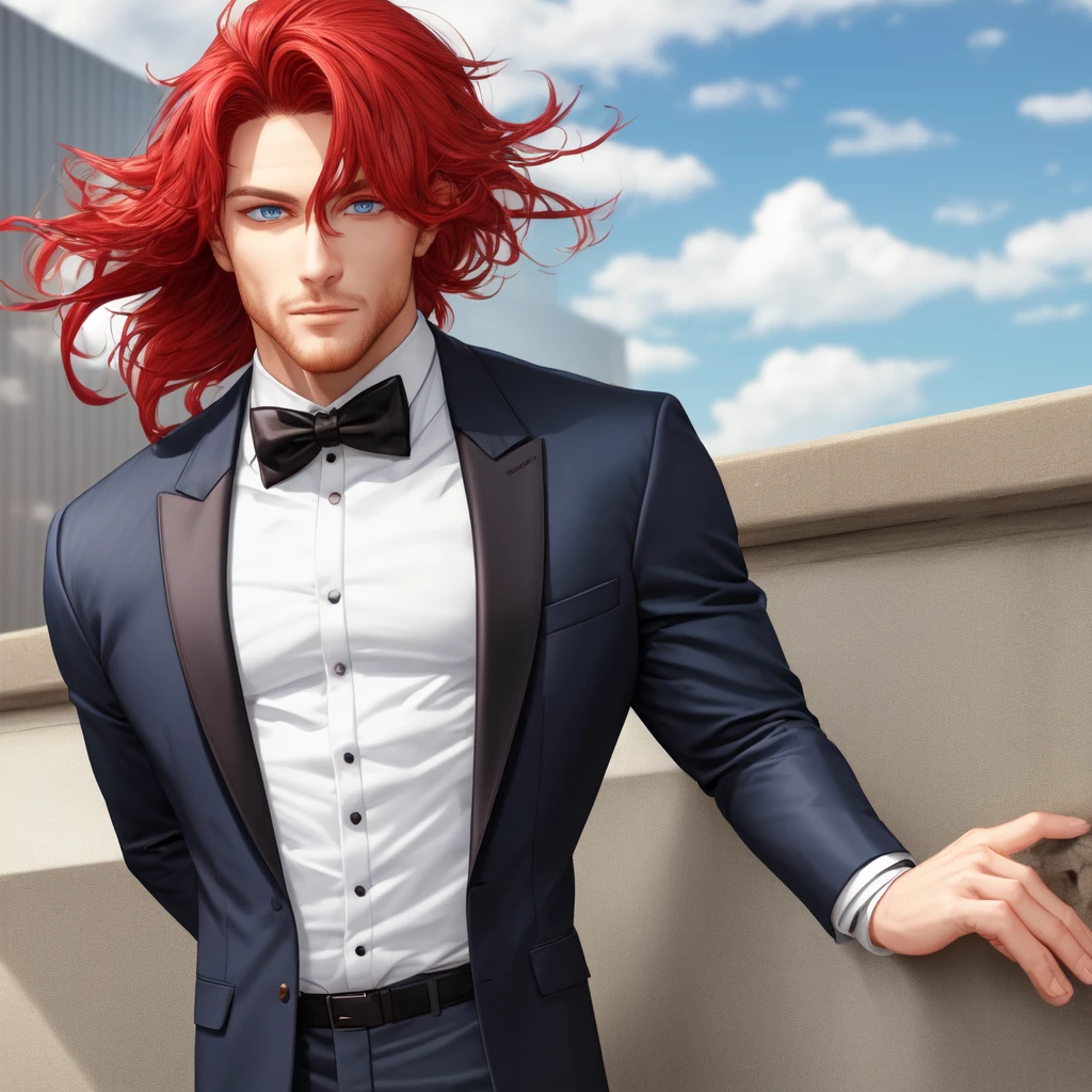 a man with red hair, blue eyes, wearing a tuxedo, athletic body, only him,2d hyper realistic