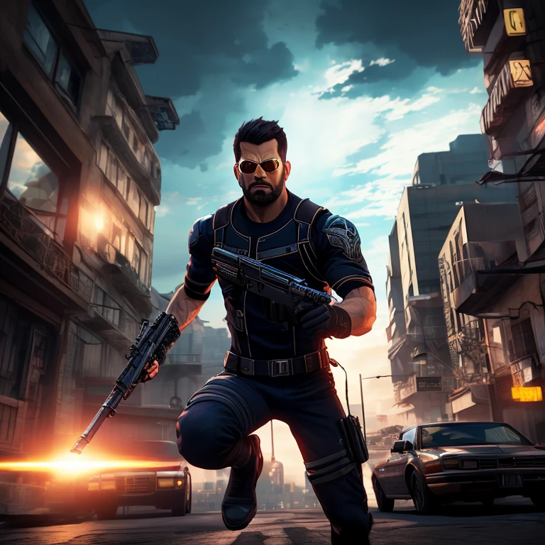 source_anime, 1boy, Adam Jensen, soldier, "Deus Ex", covered eyes, eye patch, weapon, jump, high building, solo, male focus, anime screenshot, source_anime, dramatic composition, cinematic dynamic action scene, vibrant colors, cinematic lighting, dramatic lighting, best quality, masterpiece, very aesthetic, perfect composition, intricate details, ultra-detailed