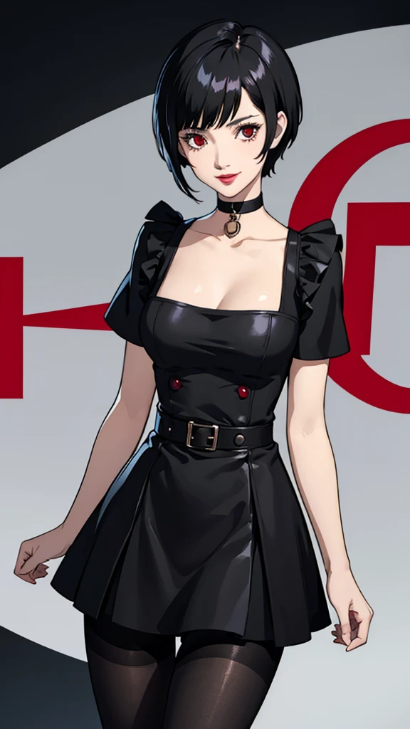 1 girl, Red eyes, very Short hair, black choker, lipstick, smile, black hair, female , tomboy Pixie haircut, dress, pantyhose, cowboy shot,