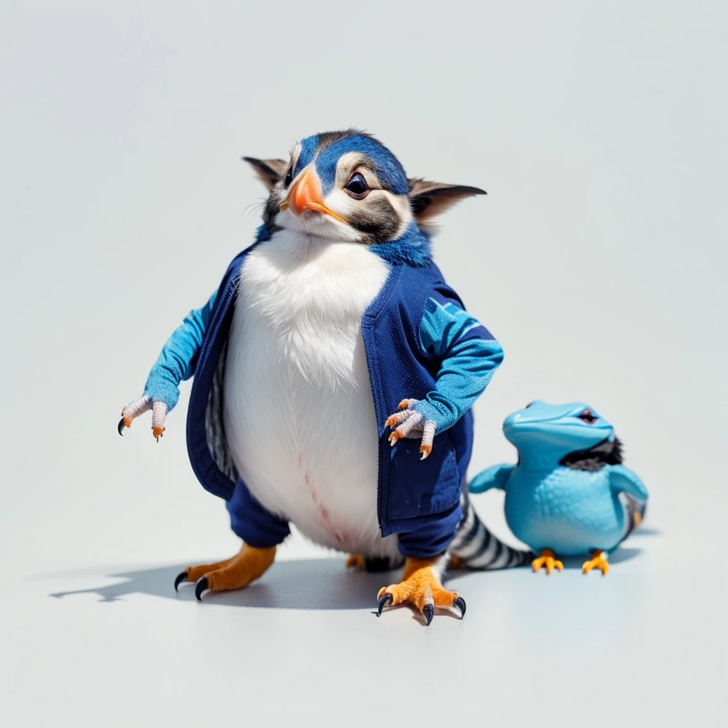 Small Animals, baby Puffin mixed with House lizard, has blue stripes on its body, Grassroots, no background, (has beard), ((no eyes))