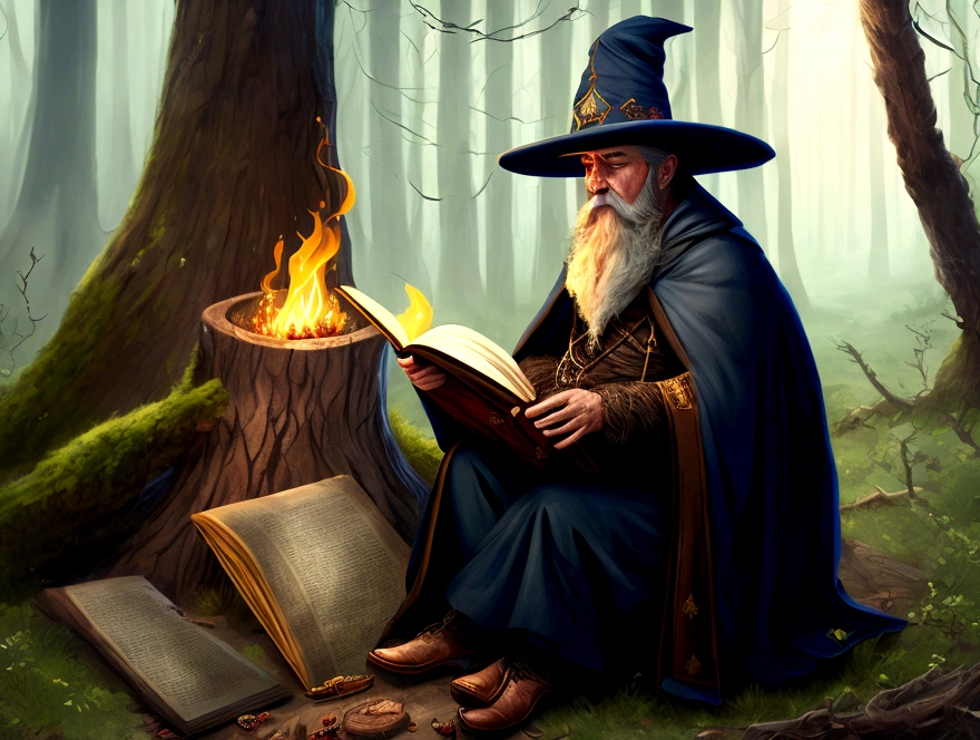 create a bearded wizard with a cape and hat in a gloomy forest at dark night reading an old book sitting on a tree trunk lit only by a fire on the ground