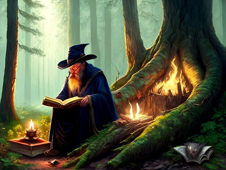 create a bearded wizard with a cape and hat in a gloomy forest at dark night reading an old book sitting on a tree trunk lit only by a fire on the ground