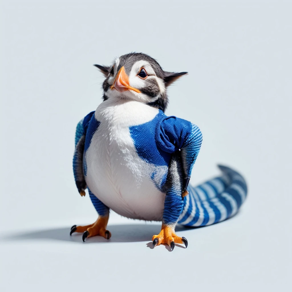 Small Animals, baby Puffin mixed with House lizard, has blue stripes on its body, Grassroots, no background, (has beard), ((no eyes))