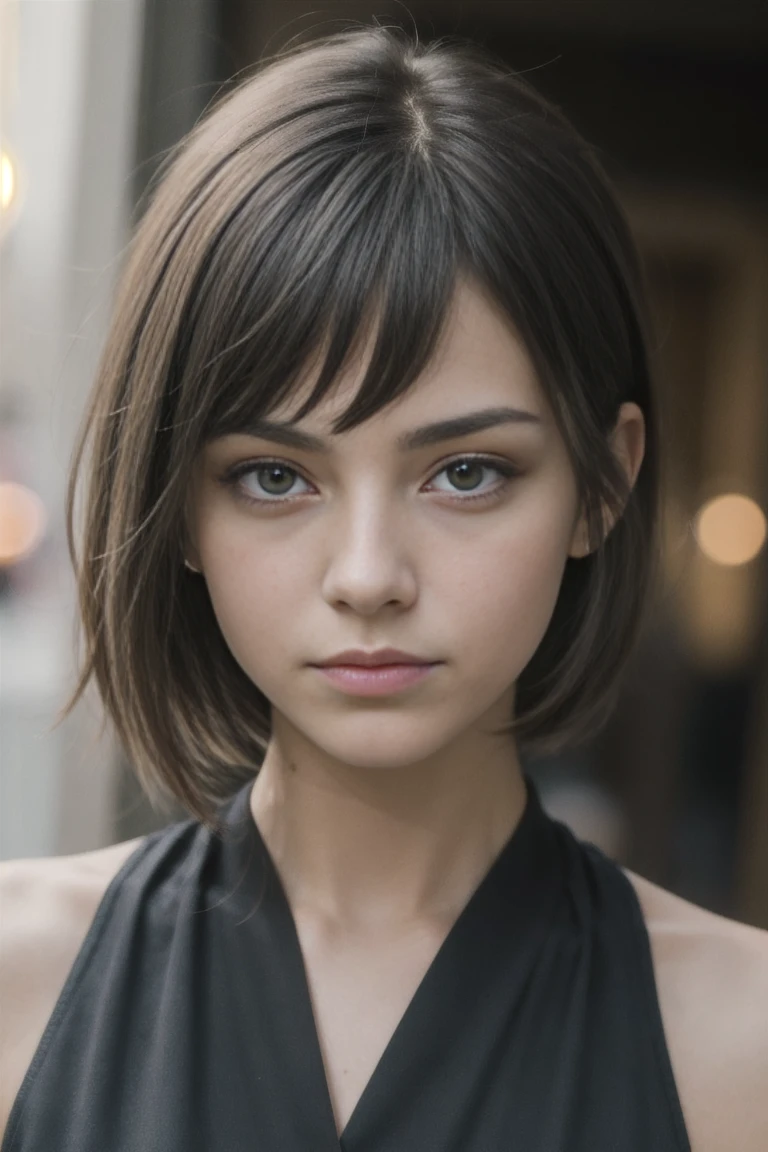 portrait of european girl,solo,20 years,hermoso rostro,parte superior del cuerpo,pelo sobre un ojo,corte lateral medio, pelo rubio, Sharp focus,traje de negocios negro