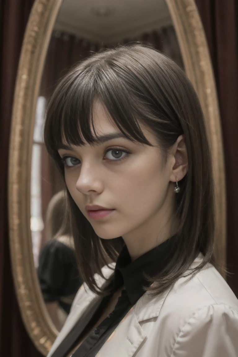 portrait of european girl,solo,20 years,hermoso rostro,parte superior del cuerpo,pelo sobre un ojo,corte lateral medio, pelo rubio, Sharp focus,traje de negocios negro