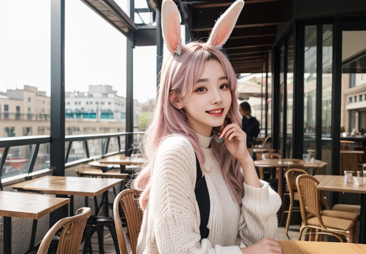 26 years old、Tabletop, Highest quality, shape, Very detailed, In detail, High resolution, 8k wallpaper, Perfect dynamic composition, Beautiful details, ,Long Hair,Her hair color is a gradation of silver and pink., Natural color lip, smile、Rabbit ears grow、A fusion of rabbit and human、Pointy ears、Human merging with rabbit、No ears、Humans without ears、The rabbit has a tail.、Clothes with fur、Hairstyle to hide ears、Cafe Terrace、Large front teeth