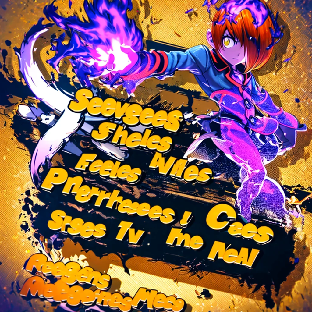 Super detailed, masterpiece, Highest quality, alone, SSBUS Plush Art, English text, Dynamic pose,,Sharp Eye,One boy,Hair on one eye,Redhead,short hair,Purple Flame,Fantasy World,isekai,Be prepared for encounters along the way