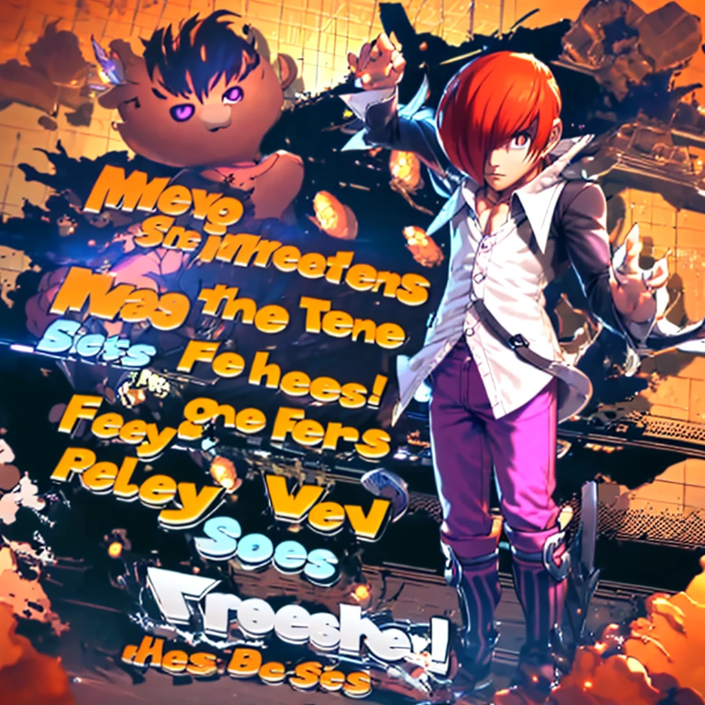 Super detailed, masterpiece, Highest quality, alone, SSBUS Plush Art, English text, Dynamic pose,,Sharp Eye,One boy,Hair on one eye,Redhead,short hair,Purple Flame,Fantasy World,isekai,Be prepared for encounters along the way