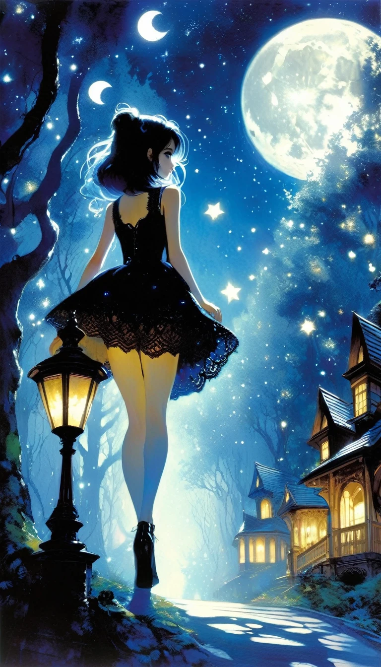 {blue and white theme, fantasy world}, 1 sexy girl, alone, alone, black lace dress, looking back, walking in the forest, house, tree, street lamp, moon, starry sky, bright, magic, fantastic, night sky, moon, stars, background, Alice in Wonderland , alone, very beautiful, cute, adorable,\(symbol\ ), pixie, pixiv art, masterpiece, best quality, ultra detailed, whitetown (art inspired by Bill Sienkiewicz). oil painting)