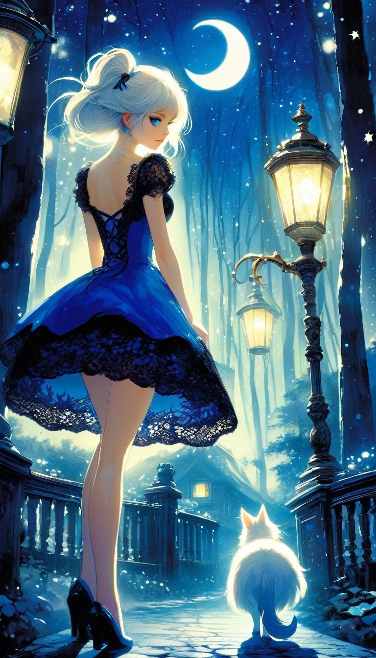 {blue and white theme, fantasy world}, 1 sexy girl, alone, alone, black lace dress, looking back, walking in the forest, house, tree, street lamp, moon, starry sky, bright, magic, fantastic, night sky, moon, stars, background, Alice in Wonderland , alone, very beautiful, cute, adorable,\(symbol\ ), pixie, pixiv art, masterpiece, best quality, ultra detailed, whitetown (art inspired by Bill Sienkiewicz). oil painting)
