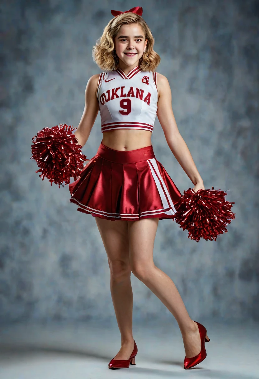 1girl, Kiernan Shipka, full length portrait, University of Oklahoma cheerleader uniform, sheer shimmering silky shiny tan pantyhose by L'eggs, 5 inch scarlet high heels, holding pompoms, cheering, studio photo shoot, photorealistic, best quality, 8k, highres, masterpiece:1.2, ultra-detailed, realistic, photorealistic, photo-realistic:1.37, HDR, UHD, studio lighting, extreme detail description, professional, vivid colors, dramatic lighting, dynamic pose