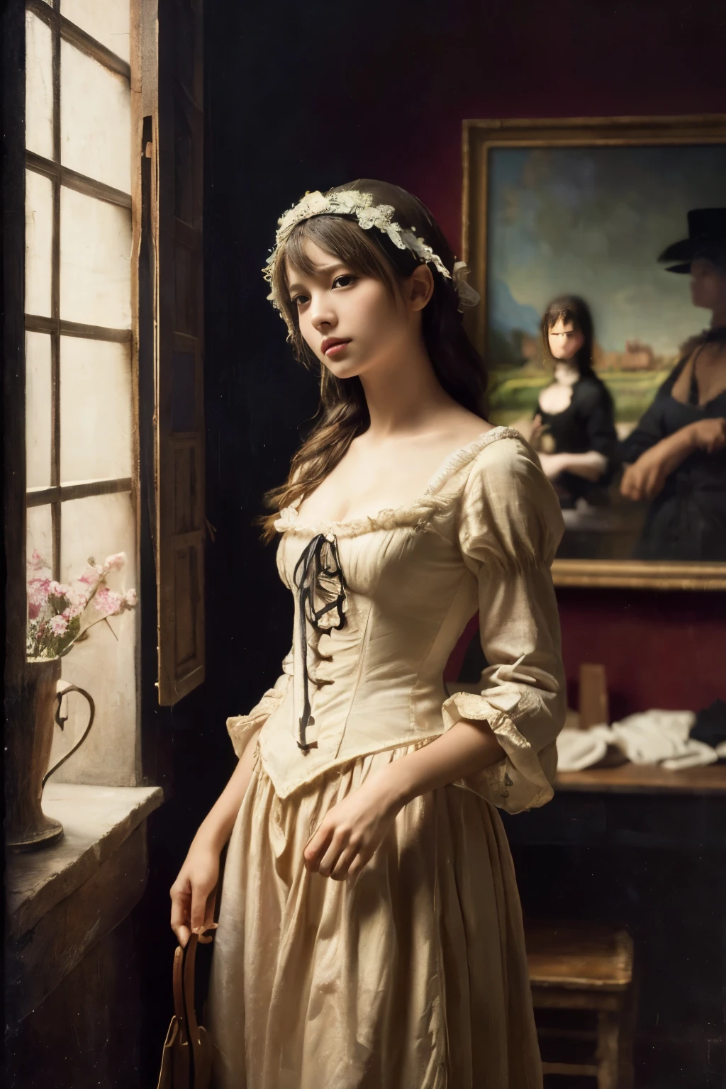 ((masterpiece:1.4, Highest quality)), (Realistic photos:1.4),
((1 girl)), (Otherworldly beauty), (dream-like),
(超High resolution:1.2), Very delicate and beautiful, wonderful, Very detailedな CG Unity 8k 壁紙, Very detailed, High resolution,
Soft Light, Beautiful detailed girl, Very detailedな目と顔, Beautiful and detailed nose, Beautiful and detailed,
(Dressed in 19th century French costume:1.3),
Cinema Lighting, Perfect Anatomy, Slender body, (Parted bangs),
(The world of Barbizon School masterpieces:1.5),
Cowboy Shot