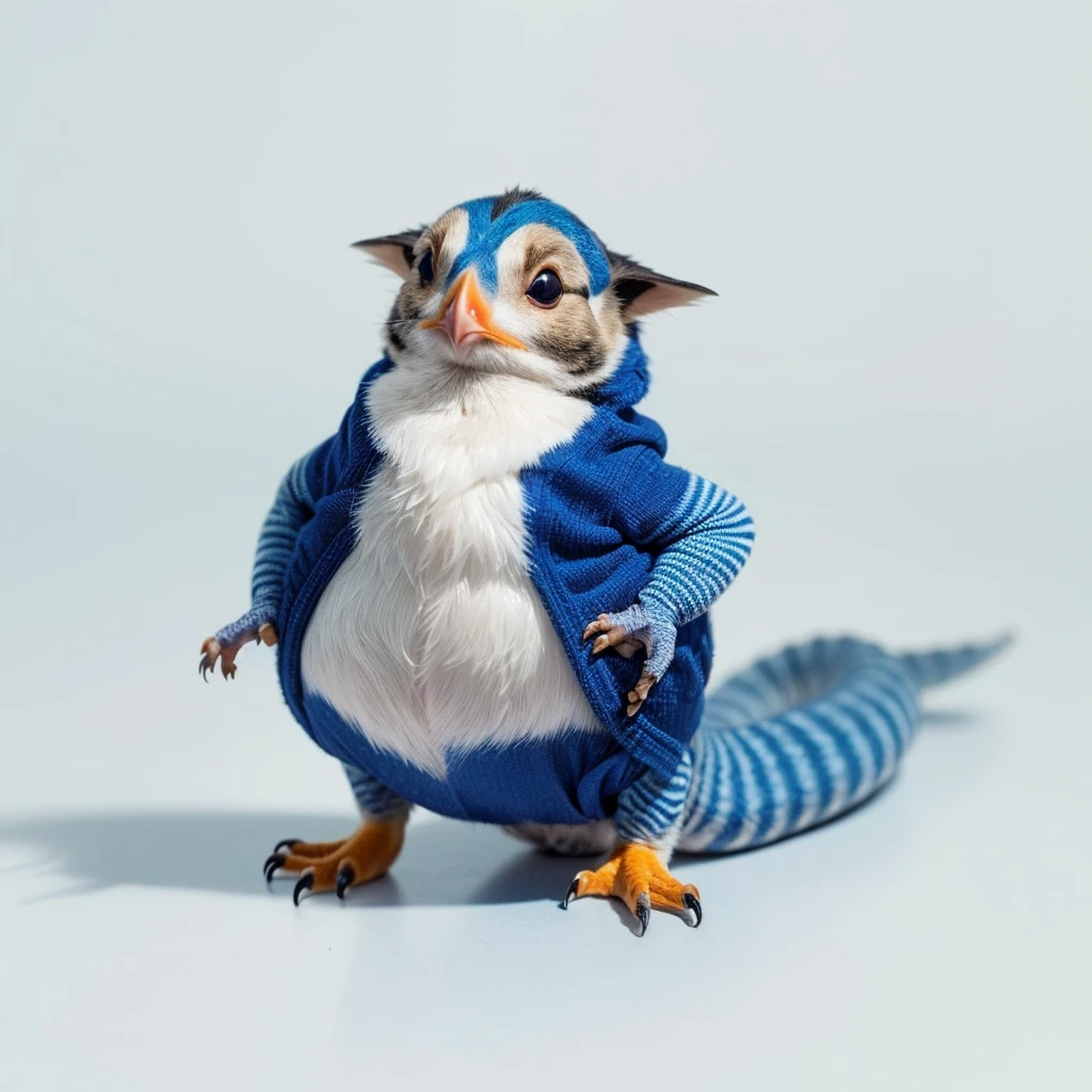 Small Animals, baby Puffin mixed with House lizard, has blue stripes on its body, Grassroots, no background, (has beard), ((no eyes))