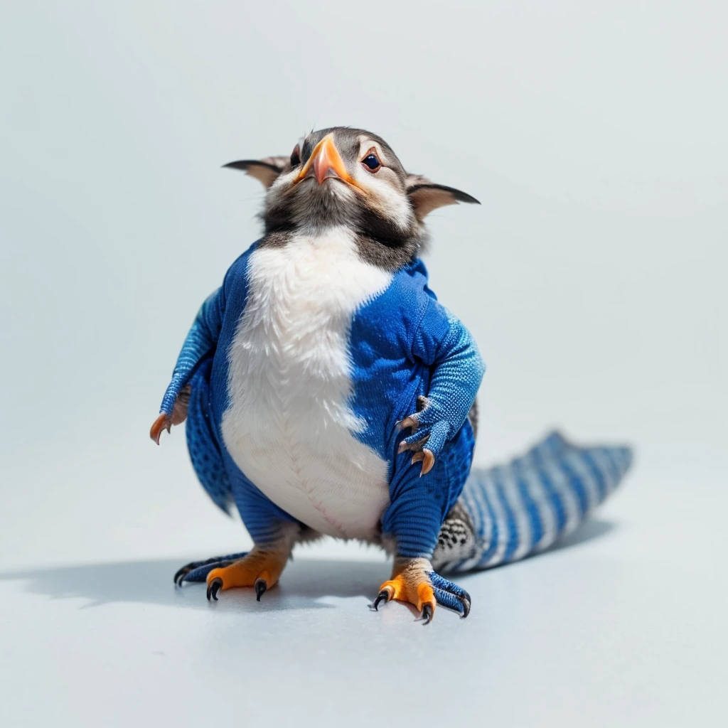 Small Animals, baby Puffin mixed with House lizard, has blue stripes on its body, Grassroots, no background, (has beard), ((no eyes))
