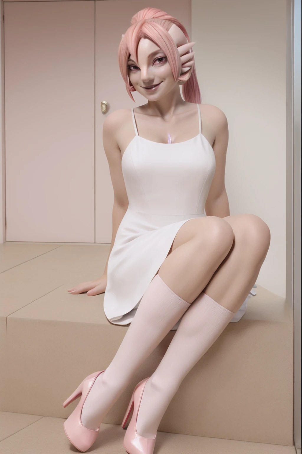 1girl, white dress, pink eyes, pink hair with a ponytail, long socks, red heels, ((realistic)), smile, looking at viewer,Gardevoir