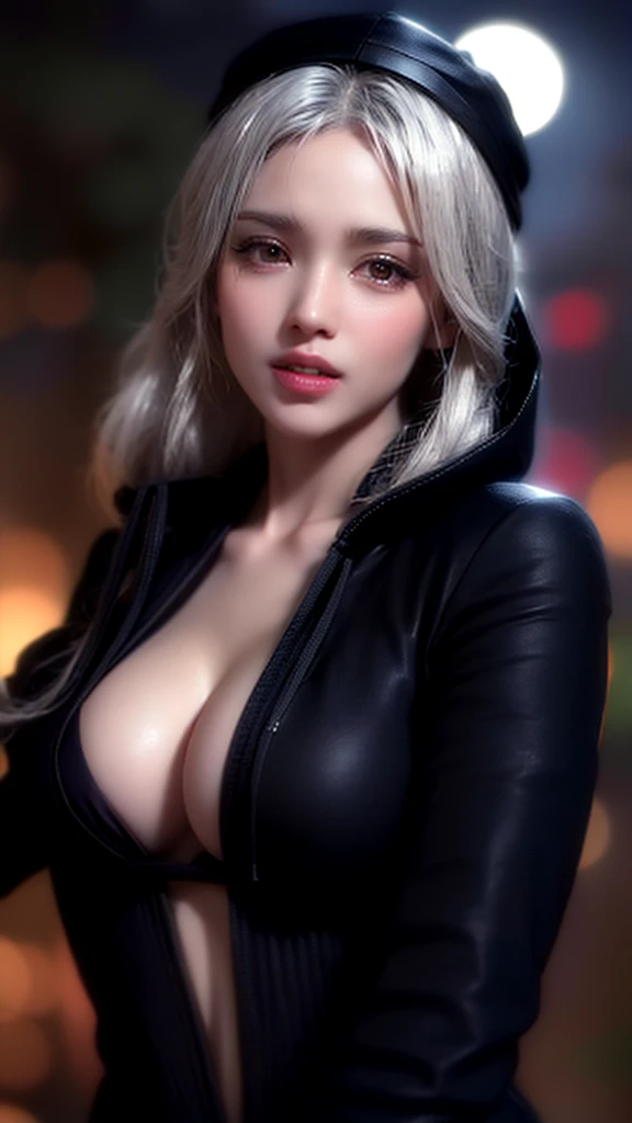 (UHD, retina, masterpiece, accurate, anatomically correct, textured skin, super detail, high details, high quality, best quality, high res, 1080P, HD, 4K, 8k, 16k), (beautiful detailed eyes, beautiful detailed lips, extremely detailed eyes and face), soft lighting, physically-based rendering, vivid colors, (large breasts:1.5), (portrait, shiny hair, shiny skin), eye reflection, (bokeh, moonlight:1.5), (black coat, wear the hood on your head, tanned skin:1.5), silver hair,