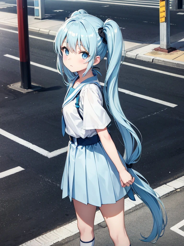 Light blue long hair、Beautiful girl with twin tails、The crosswalk light turns green