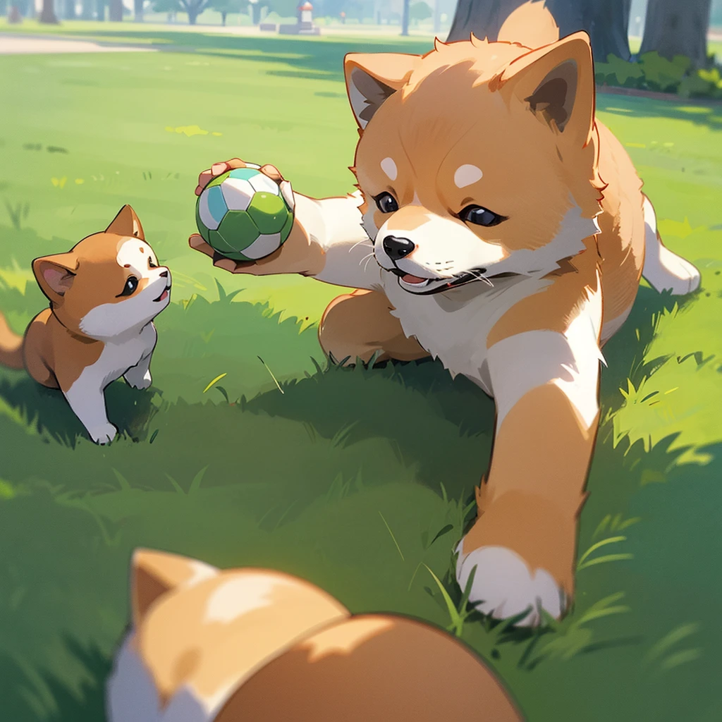 A cute little Shiba Inu like a doll、playing with a ball on the grass in the park。
