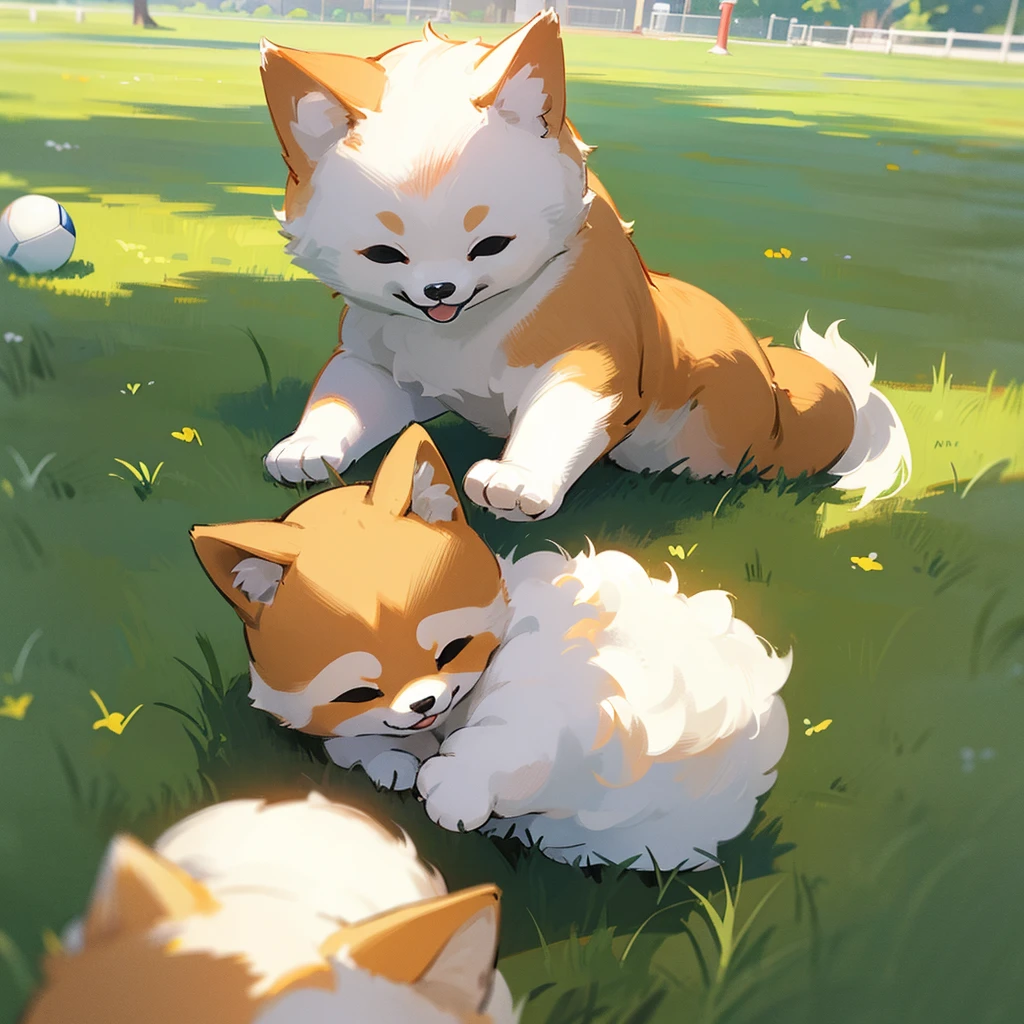 A cute little Shiba Inu like a doll、playing with a ball on the grass in the park。