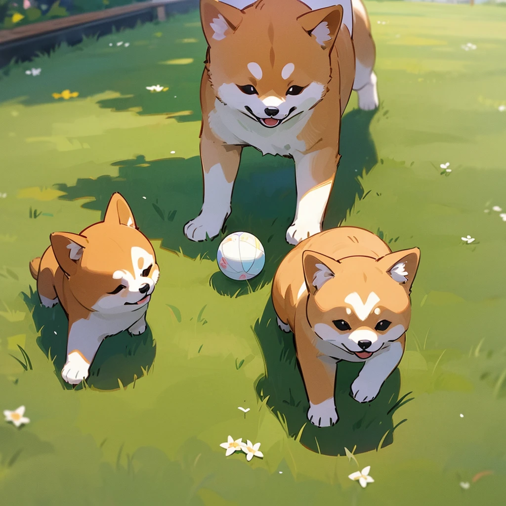 A cute little Shiba Inu like a doll、playing with a ball on the grass in the park。