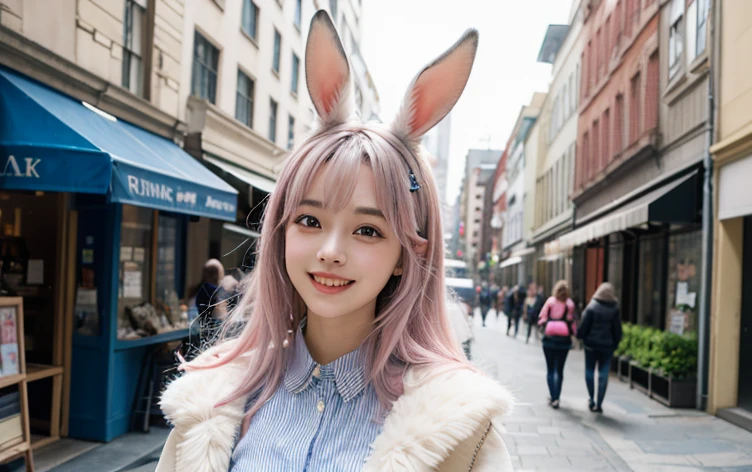 26 years old、Tabletop, Highest quality, shape, Very detailed, In detail, High resolution, 8k wallpaper, Perfect dynamic composition, Beautiful details, ,Long Hair,Her hair color is a gradation of silver and pink., Natural color lip, smile、Rabbit ears grow、A fusion of rabbit and human、Pointy ears、Human merging with rabbit、No ears、Humans without ears、The rabbit has a tail.、Clothes with fur、Ears hidden by hair、Street Snap、Large front teeth