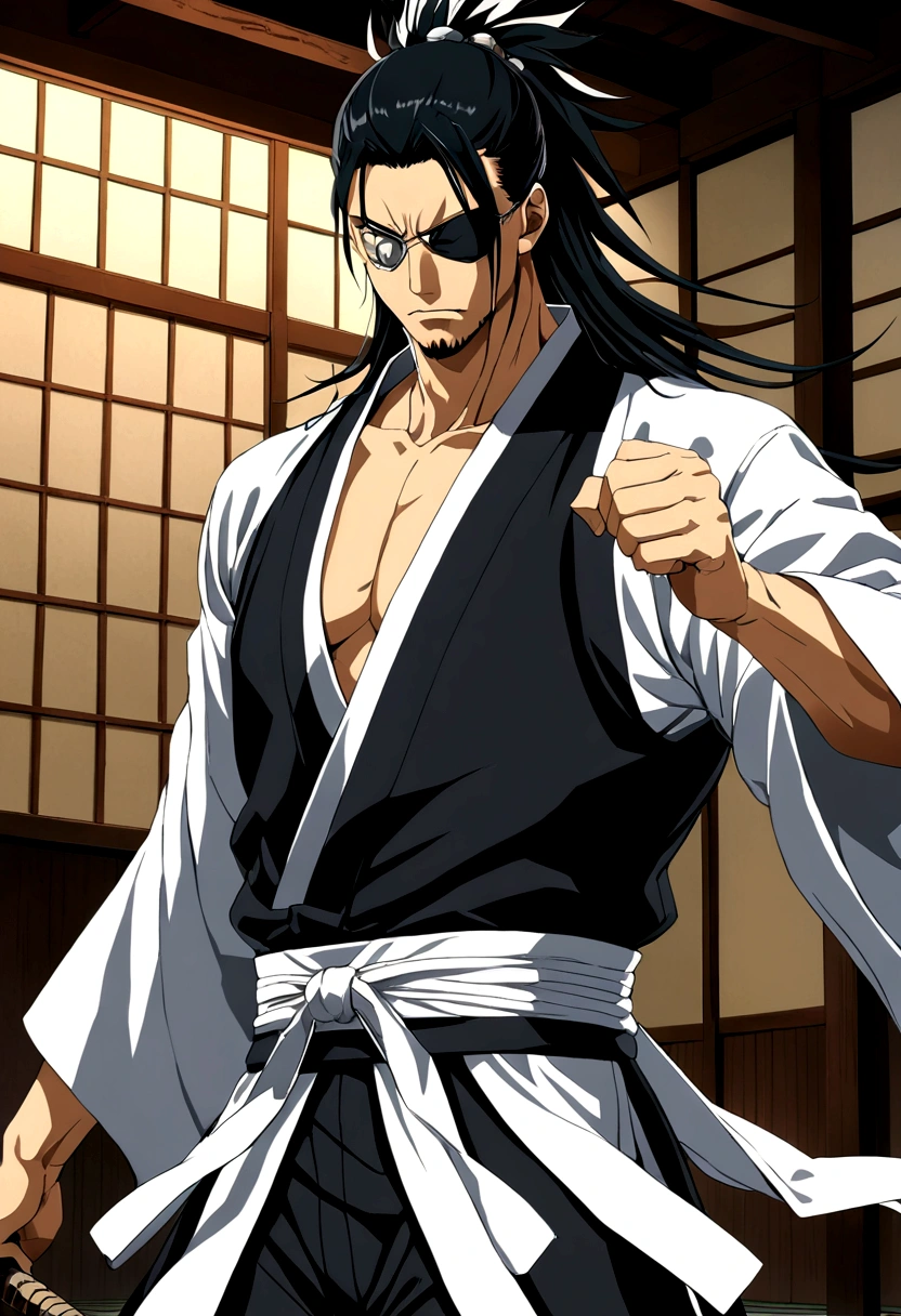 source_anime, 1boy, Zaraki Kenpachi, "BLEACH", solo, male focus, (weapon), indoor, dojo, Battle Stance, serious, black hair, (long spiked hair), japanese clothes, open kimono, pectorals, wide sleeves, (covered eyes, eye patch), anime screenshot, anime screencap, anime coloring, dramatic composition, cinematic lighting, (masterpiece, best quality, Professional, perfect composition, very aesthetic, absurdres, ultra-detailed, intricate details:1.3)