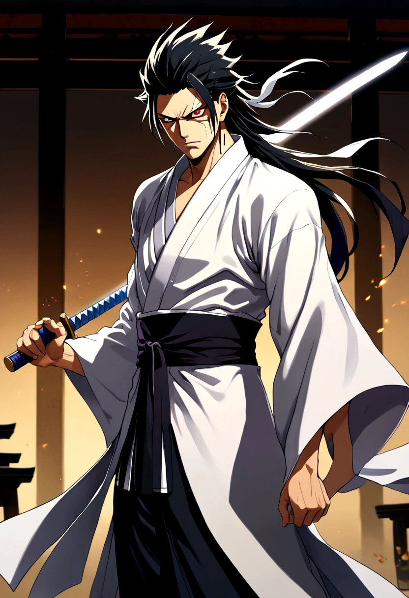 source_anime, 1boy, Zaraki Kenpachi, "BLEACH", solo, male focus, (weapon), indoor, dojo, Battle Stance, serious, black hair, (long spiked hair), japanese clothes, open kimono, pectorals, wide sleeves, (covered eyes, eye patch), anime screenshot, anime screencap, anime coloring, dramatic composition, cinematic lighting, (masterpiece, best quality, Professional, perfect composition, very aesthetic, absurdres, ultra-detailed, intricate details:1.3)
