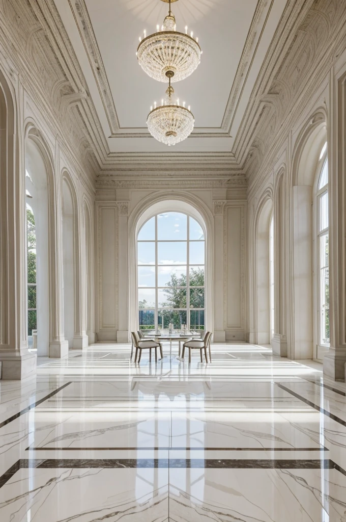 A huge floor-to-ceiling white marble room, sombre. Avec quelques fenêtres recouvertes de rideaux bruns opaques et 5 grandes tables en bois avec des bougies. Au lilieu de la pièce se trouve une estrade avec un plus table dessus.