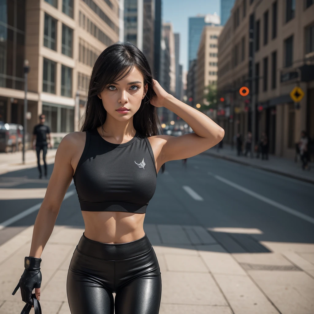 Describe a notable figure in an urban setting, standing out with its imposing presence and striking appearance. Her long, straight black hair falls gracefully over her shoulders, adding a touch of wild elegance to her aura. Her brightly colored, vibrant blue eyes reflect an unwavering determination, conveying a magnetic intensity that is impossible to ignore. An emo fringe falls over his right eye, adding an air of mystery to his predatory gaze. Her pink lips and immaculately clear skin complement her stunning beauty, while her posture is elegant and proud, highlighting her unshakable confidence. His athletic, toned body is highlighted by the black tactical t-shirt and black leather pants he wears, highlighting his defined muscles. Wearing tactical gloves and elbow pads, she exudes an aura of readiness for imminent action. Every movement is calculated and precise, showing undeniable athletic ability. This is a figure that does not go unnoticed, a unique mix of beauty, strength and determination, ready to face any challenge that crosses her path, NSFW shot
