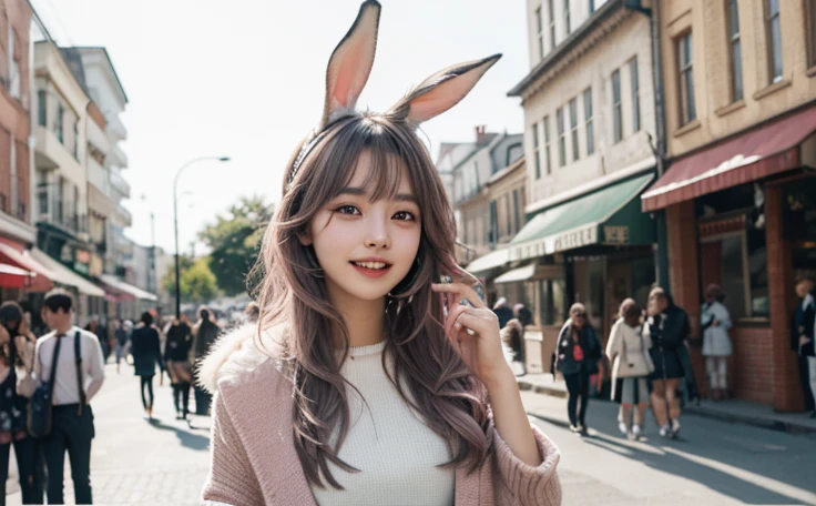 26 years old、Tabletop, Highest quality, shape, Very detailed, In detail, High resolution, 8k wallpaper, Perfect dynamic composition, Beautiful details, ,Long Hair,Her hair color is a gradation of silver and pink., Natural color lip, smile、Rabbit ears grow、A fusion of rabbit and human、Pointy ears、Human merging with rabbit、No ears、Humans without ears、The rabbit has a tail.、Clothes with fur、Ears hidden by hair、Street Snap、Large front teeth