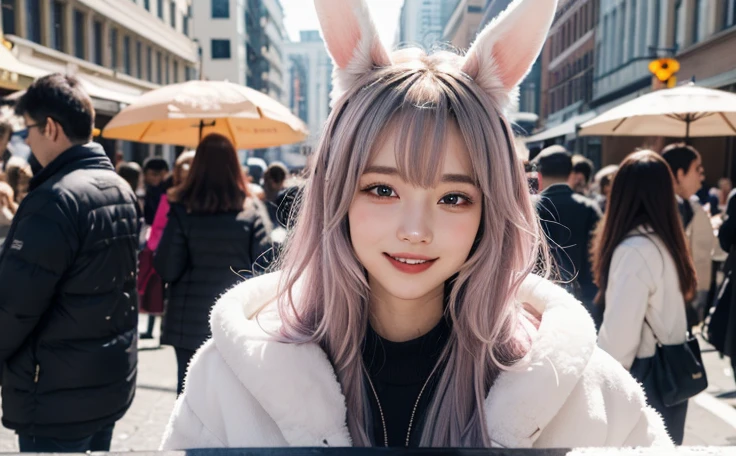 26 years old、Tabletop, Highest quality, shape, Very detailed, In detail, High resolution, 8k wallpaper, Perfect dynamic composition, Beautiful details, ,Long Hair,Her hair color is a gradation of silver and pink., Natural color lip, smile、Rabbit ears grow、A fusion of rabbit and human、Pointy ears、Human merging with rabbit、No ears、Humans without ears、The rabbit has a tail.、Clothes with fur、Ears hidden by hair、Street Snap、Large front teeth