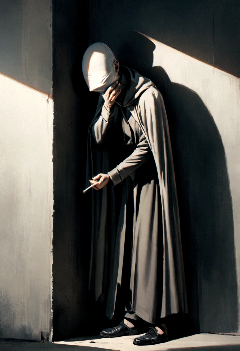 "A thin man, wearing a long cape and a mask covering his face, leaning against a wall, looking down, with a cigarette in his hand, full body minimalist character, 8k, high resolution, photorealistic, cinematic lighting, moody atmosphere, dramatic shadows, muted color palette."

