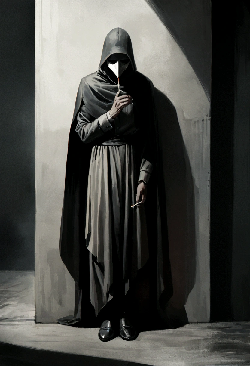 "A thin man, wearing a long cape and a mask covering his face, leaning against a wall, looking down, with a cigarette in his hand, full body minimalist character, 8k, high resolution, photorealistic, cinematic lighting, moody atmosphere, dramatic shadows, muted color palette."