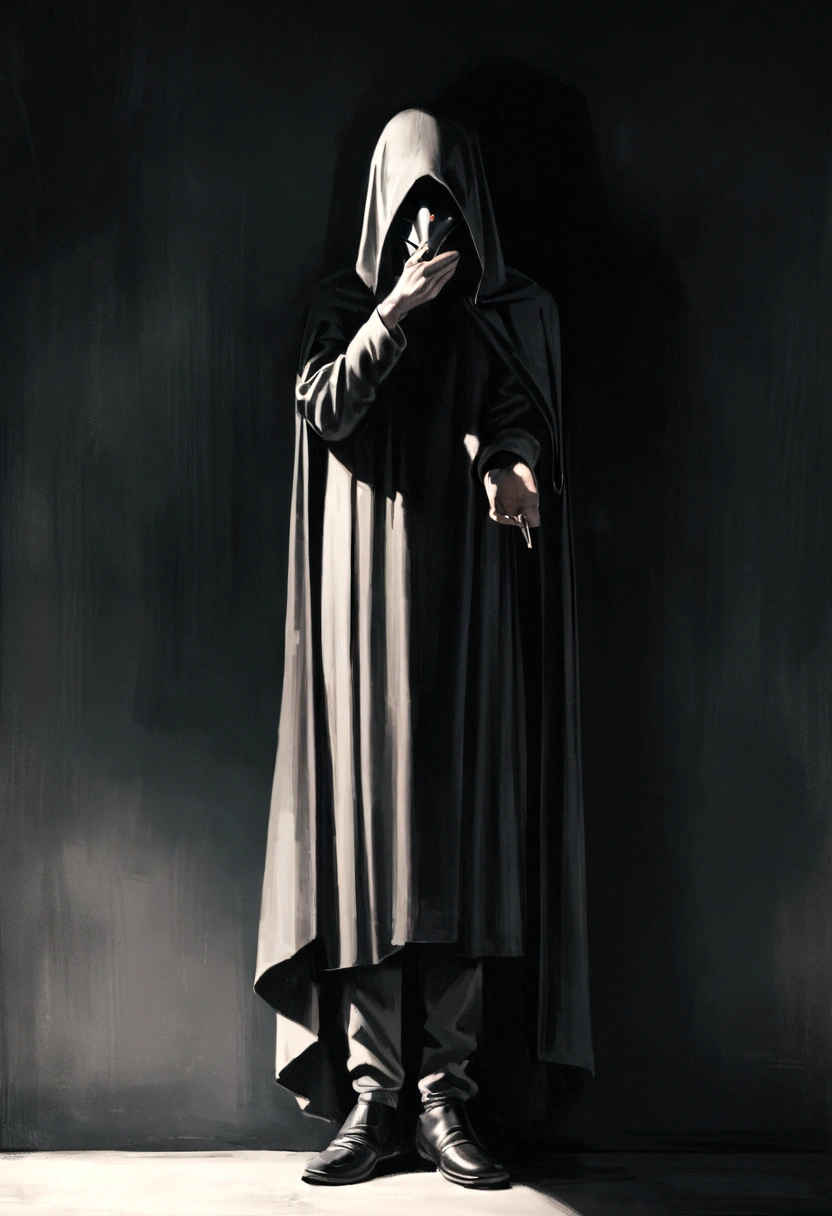 "A thin man, wearing a long cape and a mask covering his face, leaning against a wall, looking down, with a cigarette in his hand, full body minimalist character, 8k, high resolution, photorealistic, cinematic lighting, moody atmosphere, dramatic shadows, muted color palette."