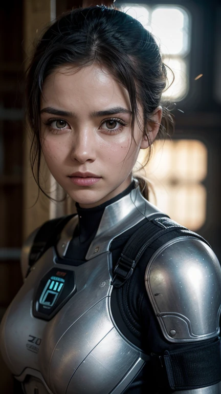 Sozinho, Sozinho focus, obra-prima, close-up portrait of a woman wearing tactical gear in a building tatooine, raios de luz, Caustics, mechanical parts, wiring, android, metal jaw