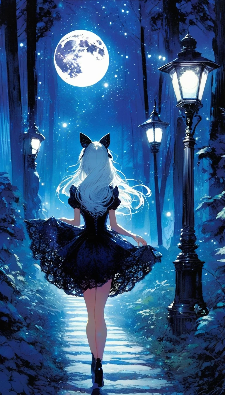 {blue and white theme, fantasy world}, 1 sexy girl, alone, alone, black lace dress, looking back, walking in the forest, house, tree, street lamp, moon, starry sky, bright, magic, fantastic, night sky, moon, stars, background, Alice in Wonderland , alone, very beautiful, cute, adorable,\(symbol\ ), pixie, pixiv art, masterpiece, best quality, ultra detailed, whitetown (art inspired by Bill Sienkiewicz). oil painting)

